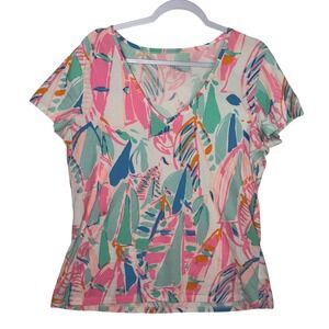 Lilly Pulitzer Women's Shirt Sailboat Print V Neck Short Sleeve Top